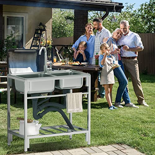 Outdoor Utility Sink Stainless Steel Double Bowl Sink Free Standing Commercial Restaurant Kitchen Sink with Hot and Cold Faucet for Laundry,Garage