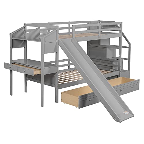 Full-Over-Full Castle Style Bunk Bed with 2 Drawers and 3 Shelves, Wood Bunk Bed Frame with Slide and Storage Staircase for Kids Teens Boys Girls