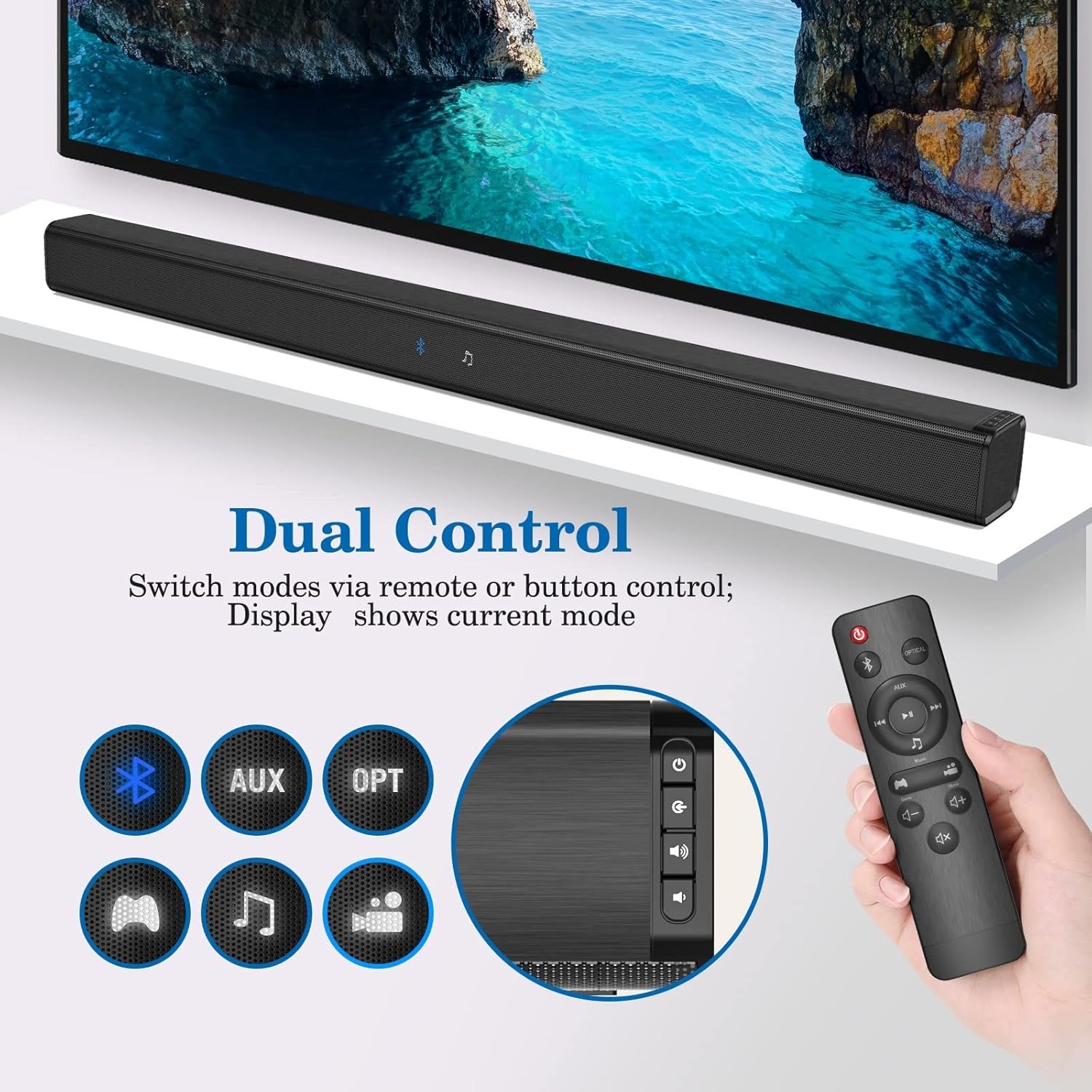 TV Soundbar, Wired & Wireless Bluetooth 5.0 Stereo Sound bar for TV, Three Equalizer Mode Audio Speaker for TV, Optical/Aux/RCA Connection