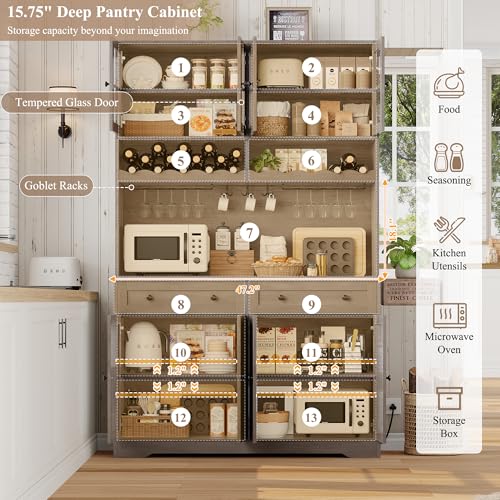 HOSTACK 75.4" Tall Kitchen Pantry Cabinet with Charging Station, Modern White Kitchen Hutch with Microwave Stand and Wine Rack