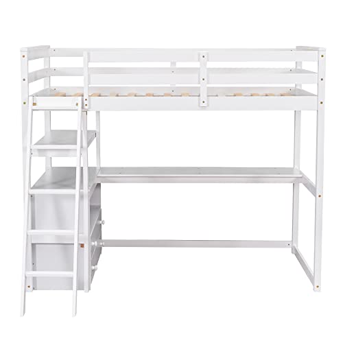 Full Size Loft Bed with Desk & Wardrobe, Solid Wood Kids Loft Bedframe w/3 Storage Drawers & 2 Shelves, Maximum Space Design, for Bedroom, Dorm, Gray