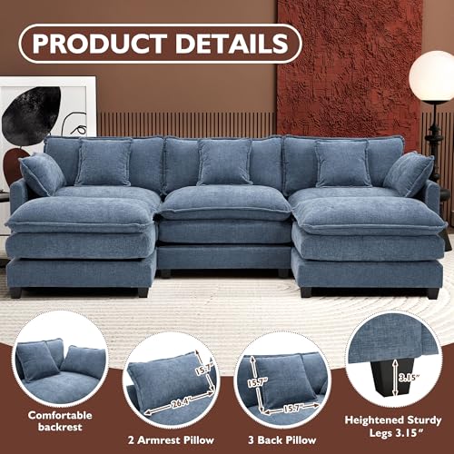 Ihanherry 111.4" U Shaped Modern Cloud Sofa Modular Sectional Couch with 2 Ottoman, 5-Seat Chenille Deep Seat Sofa with Pillow for Living Room