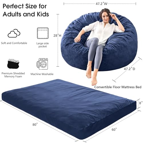 Bean Bag Chairs for Adults - Giant Bean Bag Chair Convertible Bean Bag Bed - Beanbag Chair with Micro Fiber Cover/Furniture Foam Filler