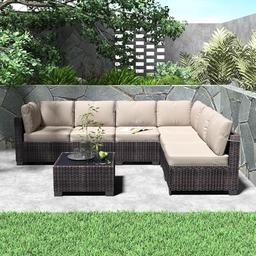6 Piece Outdoor Patio Furniture Set with Coffee Table, Rattan Deck Conversation Sofa Set