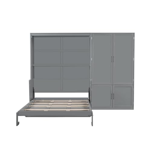 Queen Size Murphy Bed Wall Bed with Desk and Closet,Drawers and Shelves,for Small Spaces Studio Study Office Guest Room Use (Gray#Desk, Queen)
