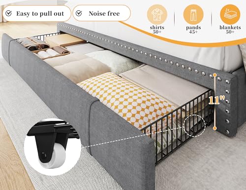 EnHomee Full Bed Frame with 3 Drawers,Queen Size Bed Frame with 2-Tier Storage Headboard, Upholstered Platform Bed Frame Queen Size with Storage