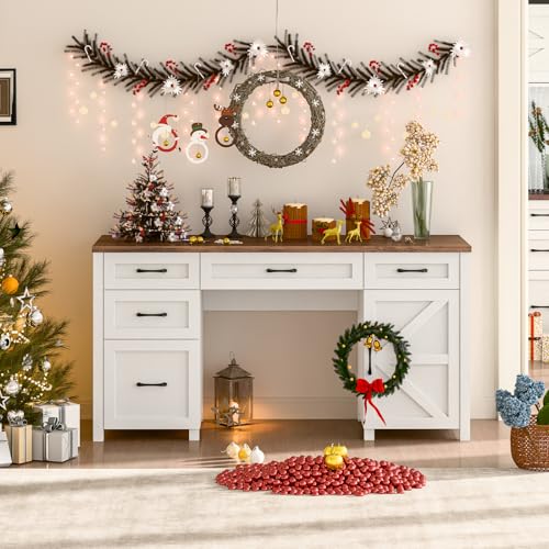 Farmhouse 61'' Executive Desk with 5 Drawers, Rustic Office Desk Computer Desk with Charging Station, File Drawers and Storage Cabinet