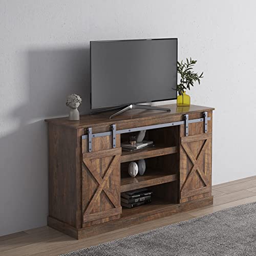 Yoglad Wooden Farmhouse Style 53.9 Inch TV Stand Storage Shelves, Entertainment Center Television Stands with Sliding Wood Barn Doors