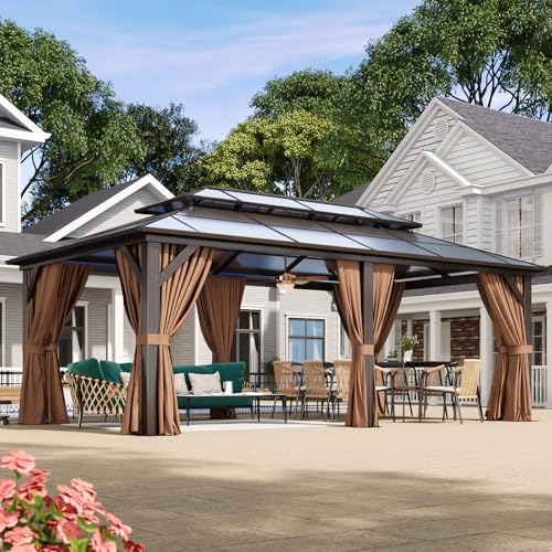 Aoxun 12'x16' Hardtop Gazebo, Aluminum Frame Permanent Pavilion with Netting and Curtains, Outdoor Polycarbonate Double Roof Canopy