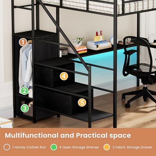 Full Size Loft Bed with Desk,Metal Heavy Duty Full Loft Bed with Stairs,Wardrobe and Shelves