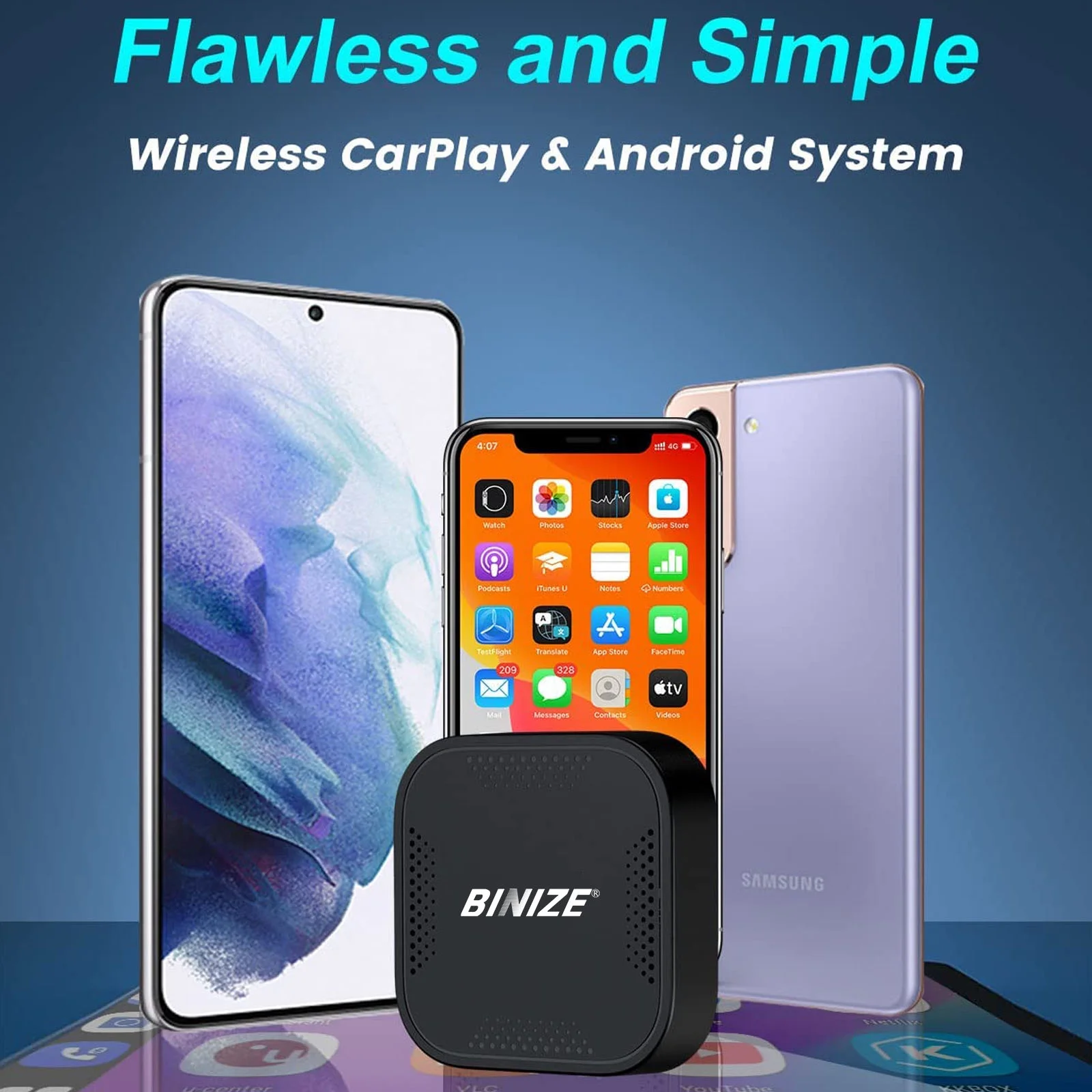 BINIZE ai Box Android Auto Wireless 4G Cellular,4+64G,8Core, Only Fit for Cars with OEM/Factory Wired CarPlay,Wireless CarPlay&Android System