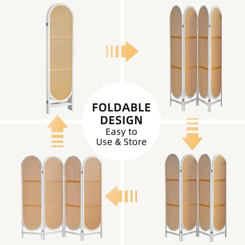 4 Panels Room Divider Wall, Foldable Wooden Room Divider, Individual Privacy Screen Made of Hand-Woven Rattan