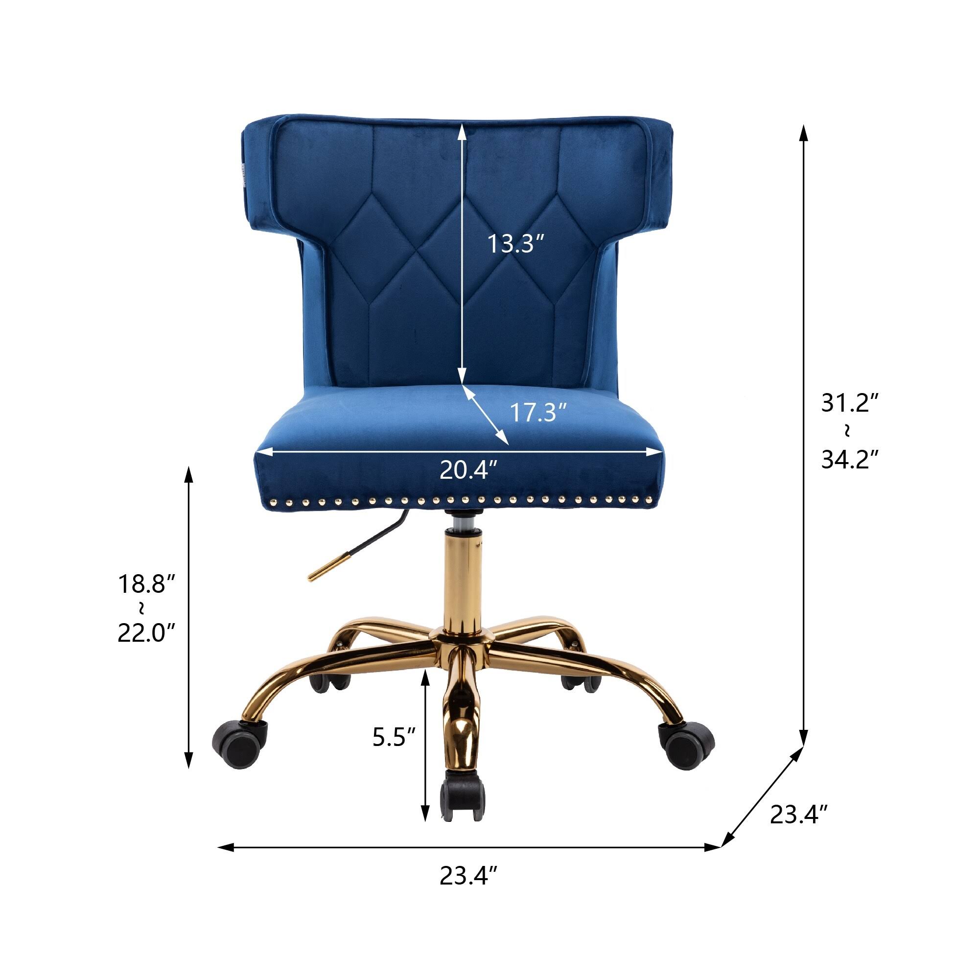 HOMEFUN Navy Velvet Upholstered Swivel Homeoffice Height Adjustable Task Chair with Gold Base and 360° Castor Wheels, Blue