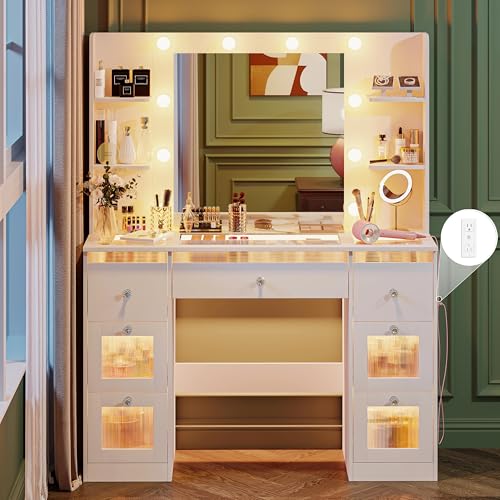 Makeup Vanity with Lights 3 Colors, Glass Top Vanity Desk with 7 Lighted Drawers, 4 Shelves, Power Outlet, Makeup Desk with Mirror for Bedroom