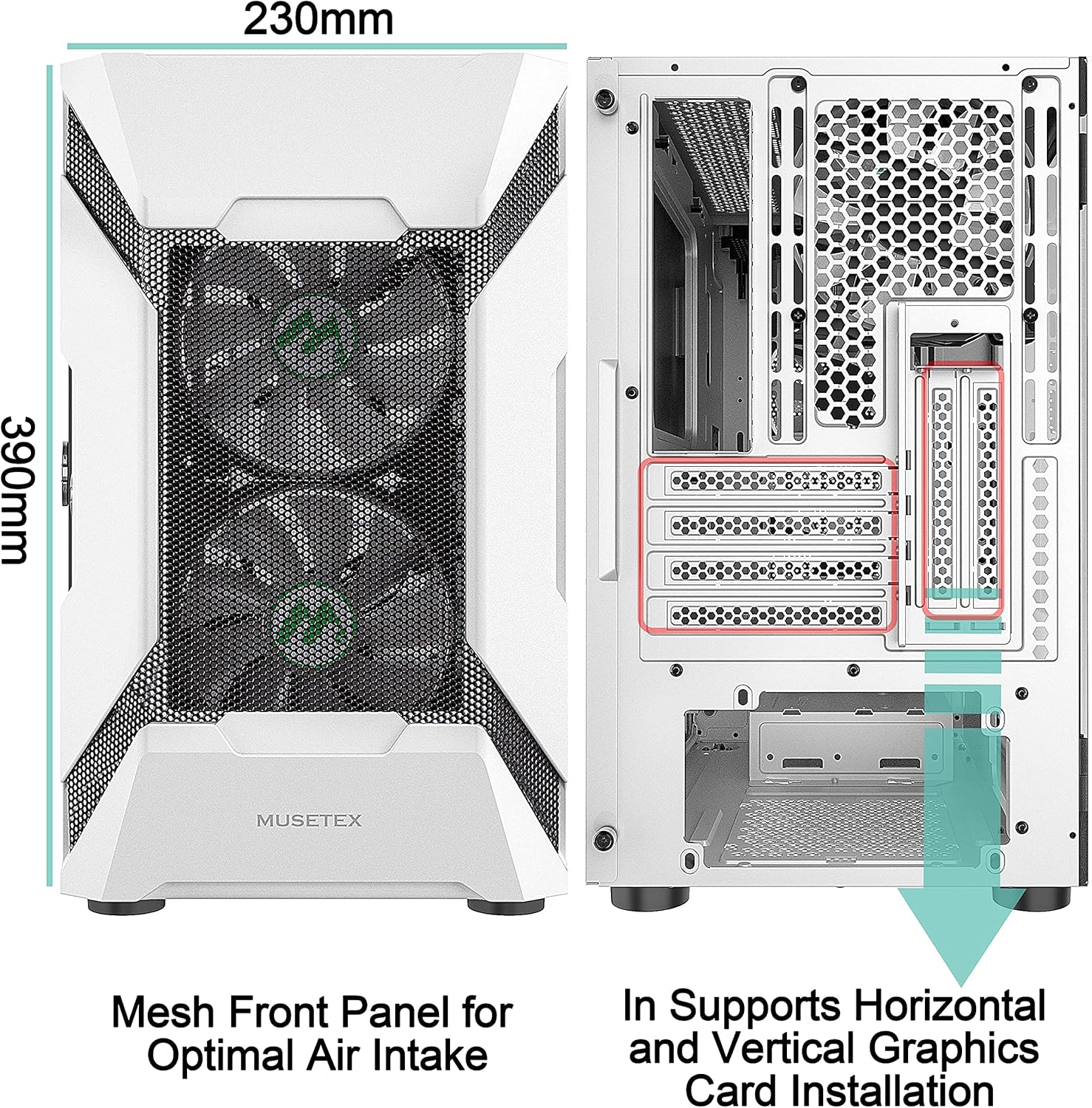 MUSETEX Mesh MATX (Micro-ATX) Mid Tower Case with 5 PCS × ARGB Fans Pre-Installed and 2 PCS × USB 3.0 Ports