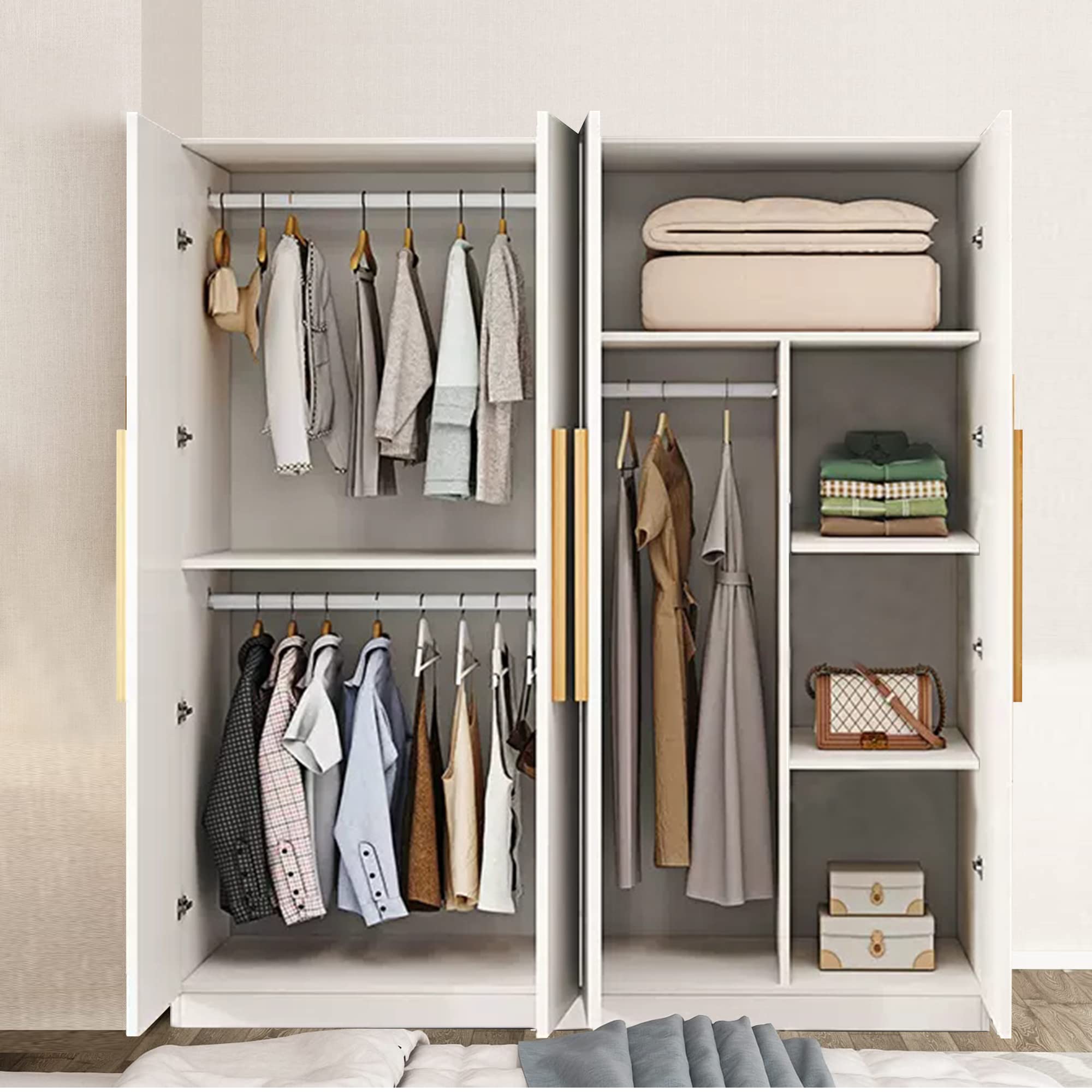 【Furniture】4 Doors Wardrobe Closet, Large Freestanding Wardrobe Cabinet with Storage Compartment & Hanging Rod