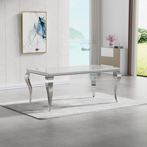 Dining Table Set for 4, Modern Dining Room Table Set for 4, 70" Marble Dining Table with Oval Backrest Leather Chairs