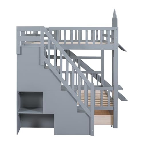 Harper & Bright Designs Twin Over Twin Bunk Bed with Stairs and Slide, Solid Wood Bunk Bed Frame with Storage Drawers and Bookshelf