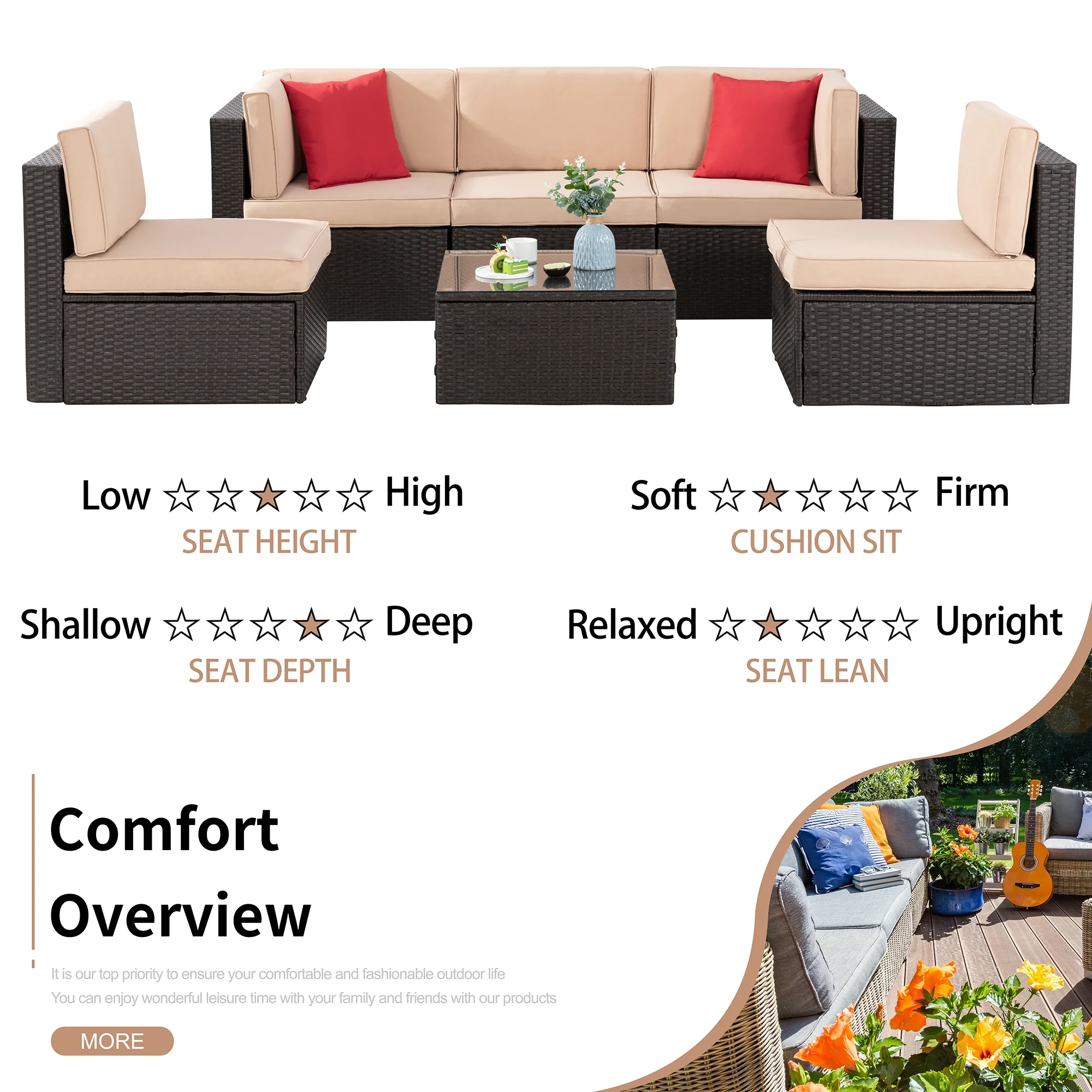 Walsunny 6 Pieces Patio Furniture Sets Outdoor All-Weather Sectional Patio Sofa Set PE Rattan Manual Weaving Wicker Patio Conversation Set Beige