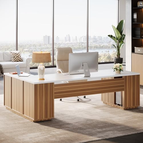 Tribesigns 85.8-Inch L-Shaped Executive Desk with File Drawers, Door Cabinet & Shelves, Extra Large Commercial Office Desk