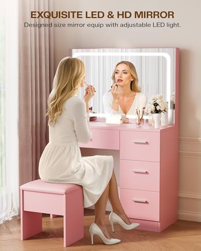 Vanity Desk with LED Mirror, Makeup Vanity with Drawer and Cushion Stool, Dressing Table for Bedrrom, White