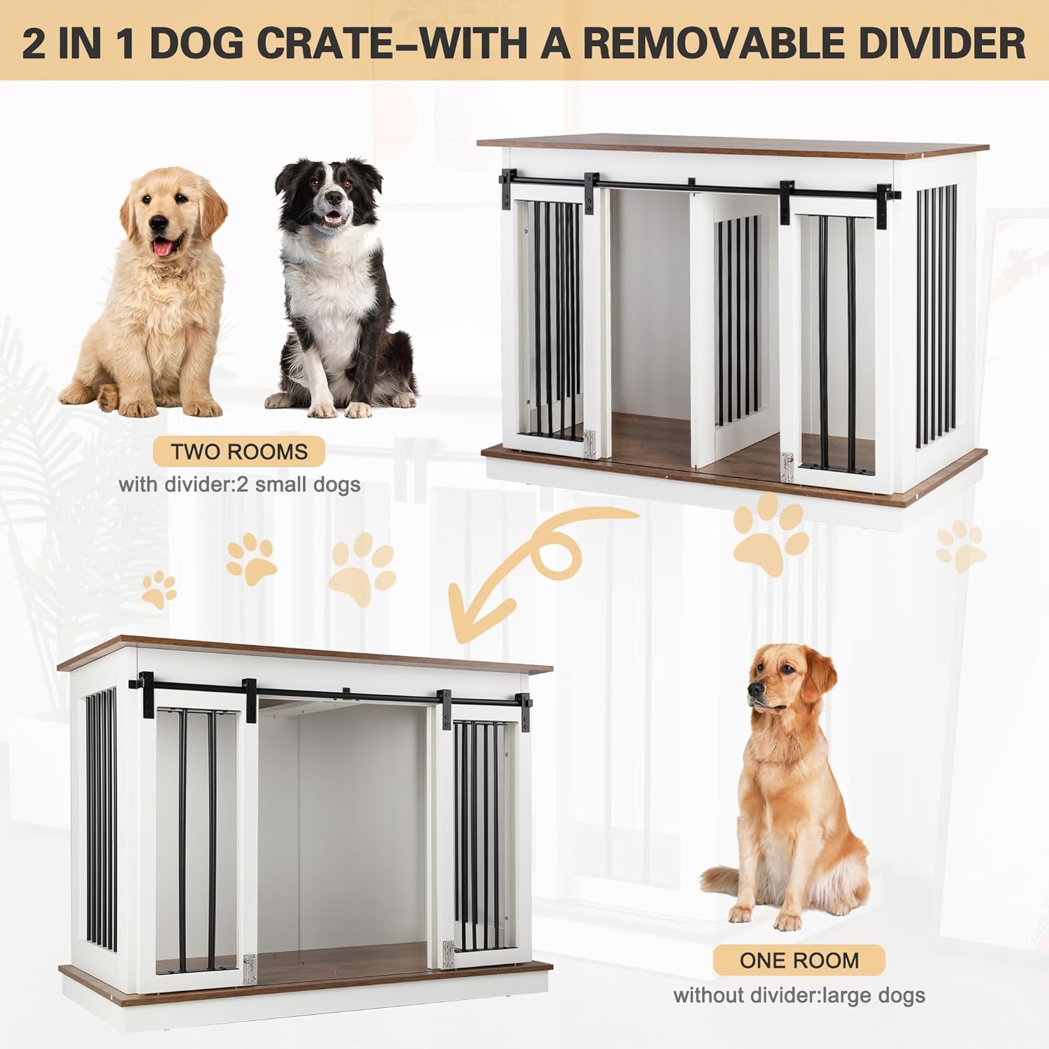 Sunseen Dog Crate Furniture with Divider,Wooden Dog Kennel End Table,Large Breed Dog House Indoor for One Large Dog or Two Small Dogs,Double Doors