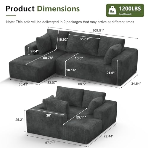 108" Modular Sectional Sofa with L-Shape Chaise, Upholstered Couches for Living Room with Deep Seat, No Assembly Required