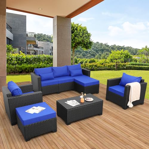 Rattaner Patio Wicker Furniture Set 6 Pieces Outdoor HDPE Wicker Conversation Couch Sectional Chair Sofa Set with Grey Cushions