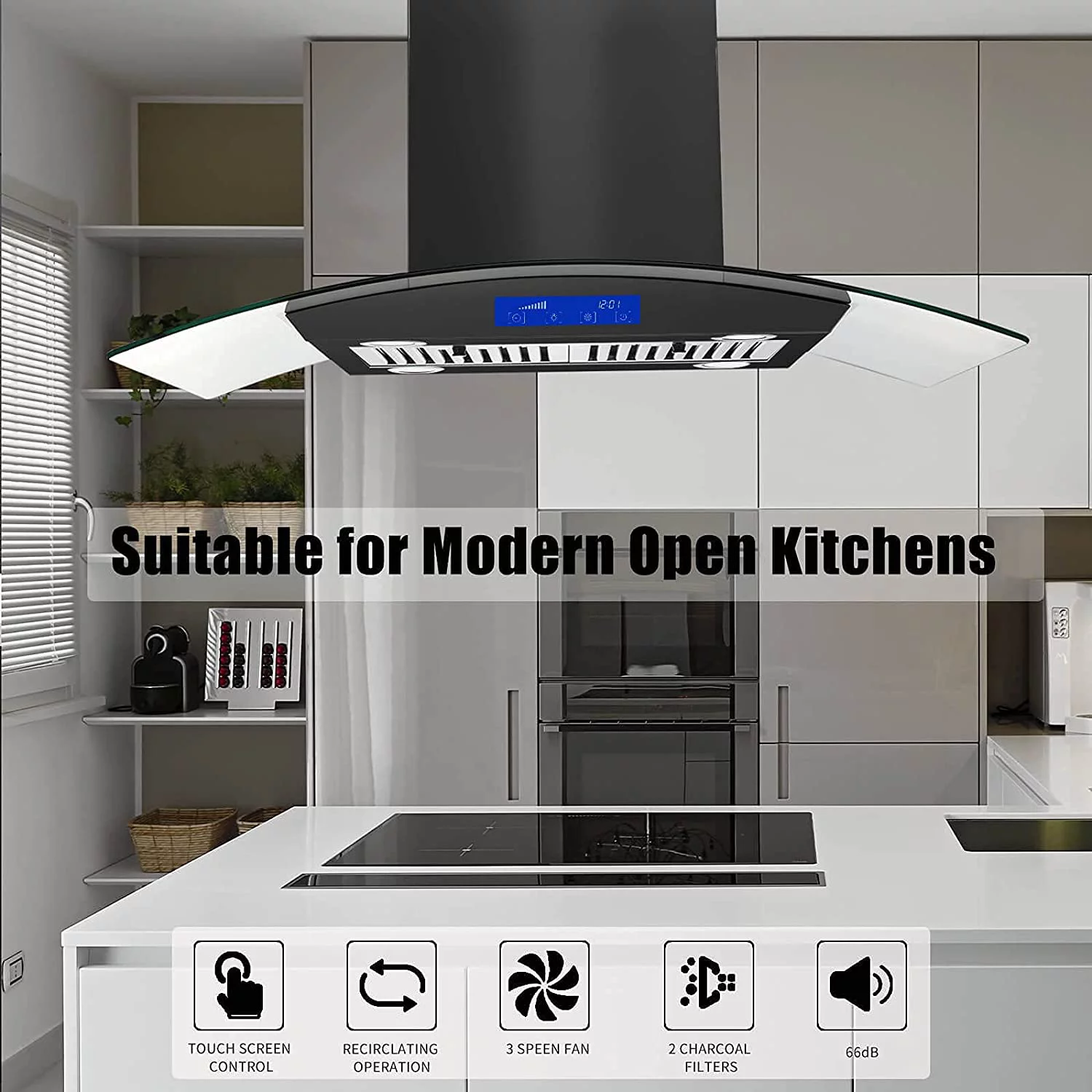 Tieasy Range Hood 36 inch Island Mount Range Hood 900 CFM Kitchen Digital Panel 3-Speed