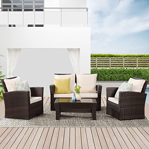 Wisteria Lane 4 Piece Outdoor Patio Furniture Sets, Wicker Conversation Set for Porch Deck, Gray Rattan Sofa Chair with Cushion