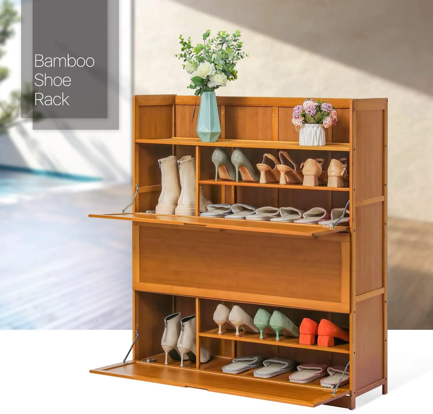 7 Tier Shoe Storage Organzier, Bamboo Boots Cabinet With Pull-Down Doors Sneakers Rack Organizer For 26-30 Pairs Entryway Hallway Mudroom, Brown