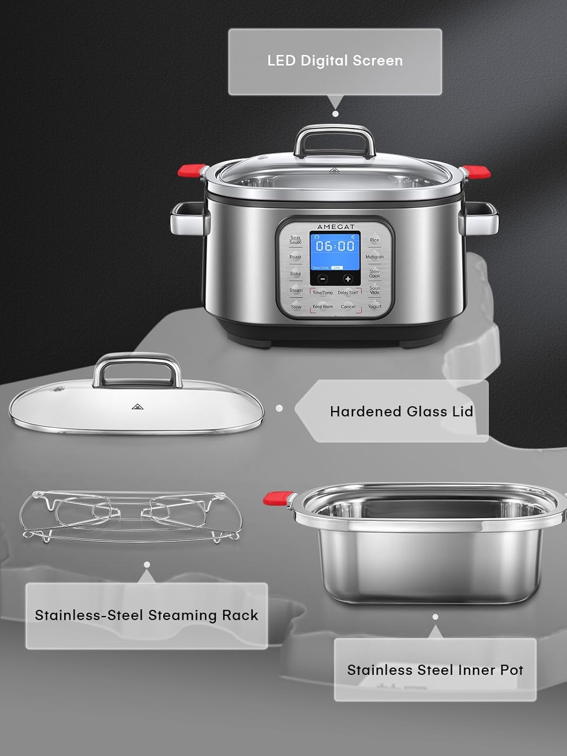 Slow Cooker 6 Quart, 10 in 1 Programmable Cooker, Rice Cooker, Sauté, Steamer & More, Stainless Steel Inner Pot, Steaming Rack & Glass Lid