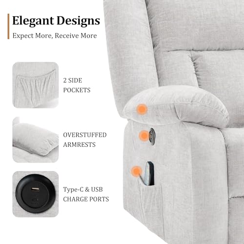 Rocker Recliner Chair, Glider Recliner Chairs for Adults, 360° Swivel Recliner with Massage and Heating
