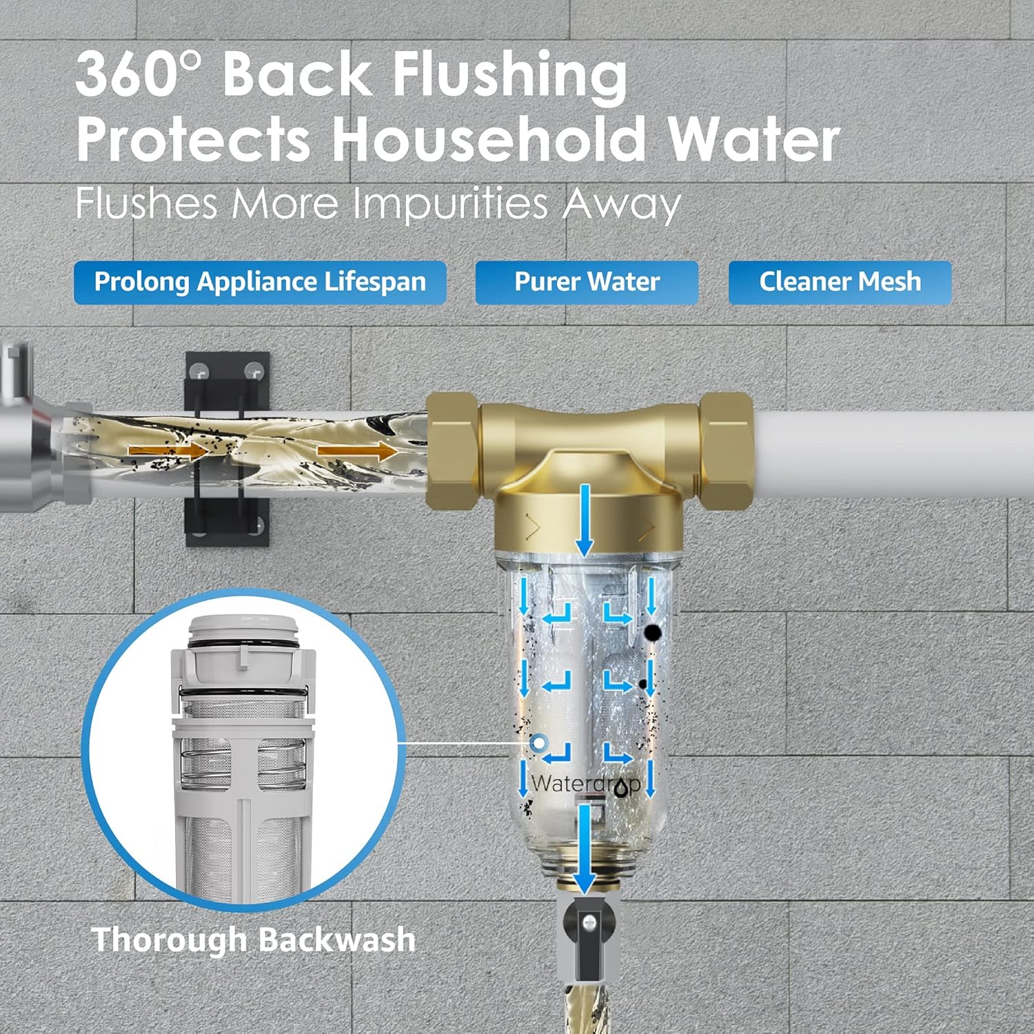 Waterdrop Whole House Water Filter System WD-WHF21-PG, with Spin Down Sediment Water Filter WD-RPFK, with 10" x 4.5" Sediment Filter & Carbon Filter