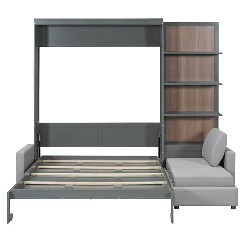 Harper & Bright Designs Queen Size Murphy Bed, Wood Queen Wall Bed with Sofa and Shelves, White