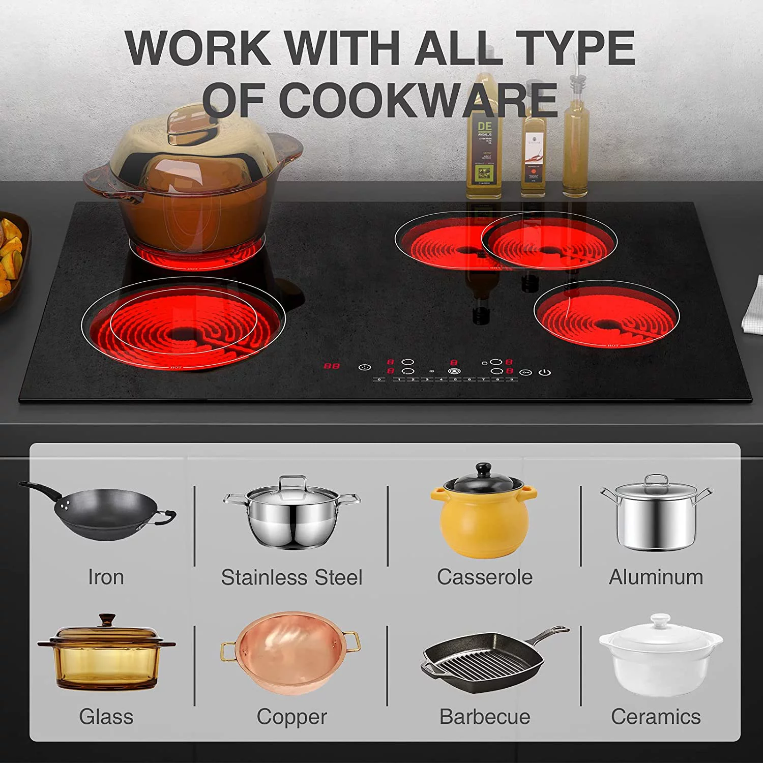 Electric Cooktop, 30 Inch Built-in Electric Stove, 6800W Ceramic Cooktop, 9 Heating Level Overheat Protection with Touch Screen, Timer & Safety Lock
