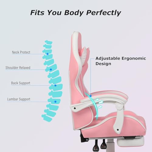 Gaming Chair, Computer Office Chair with Footrest, Linkage Armrests and Lumbar Support, High Back Ergonomic Gamer Chairs for Adults, Blue Fabric