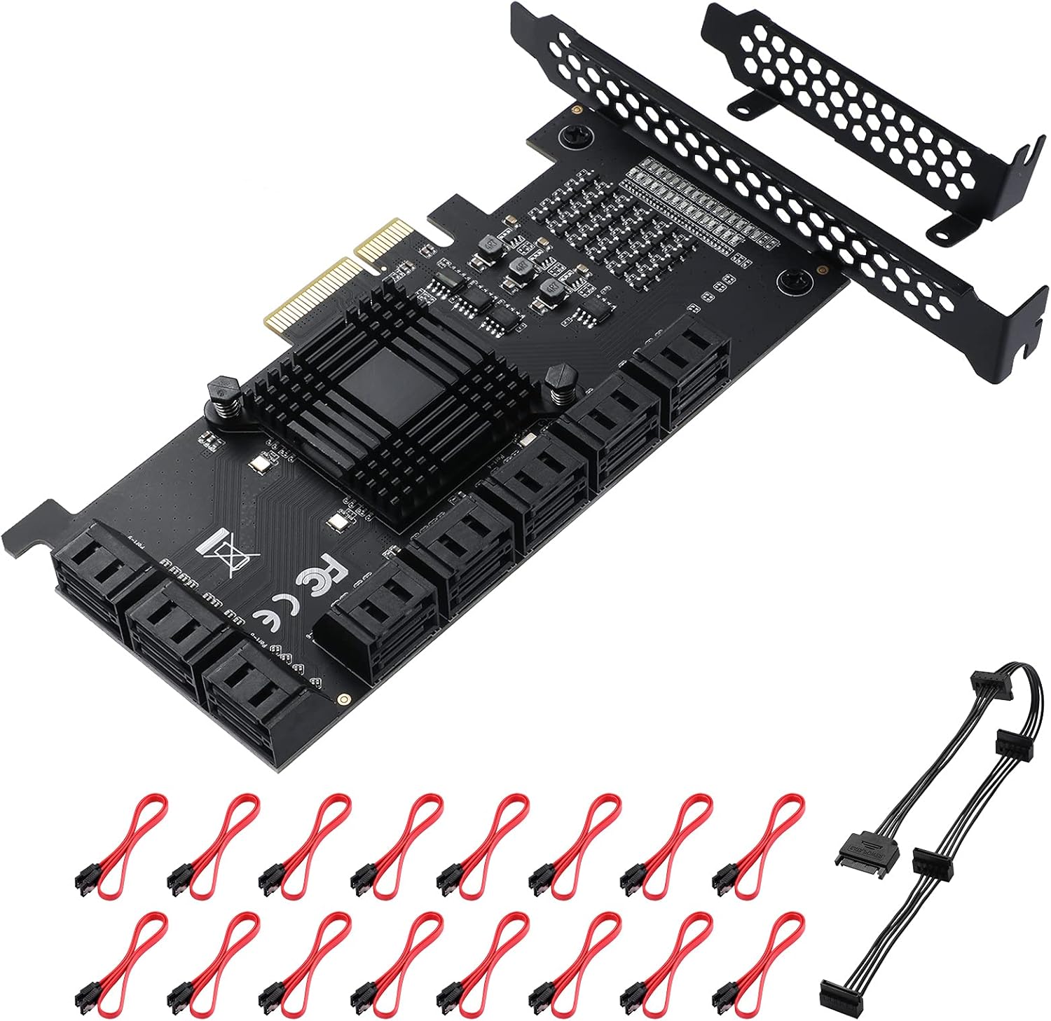 MZHOU PCI-E 1X Interface 3.0 10 Port SATA Card with 10 SATA Cables & SATA Power Splitter Cable and Low Profile Bracket - 6Gbps SATA 3.0 PCIe Card
