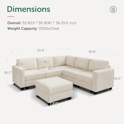 HONBAY Corduroy Modular Sectional Couch with Storage L-Shaped Sectional Couches for Living Room 6 Seater Modular Sofa, Dark Gray