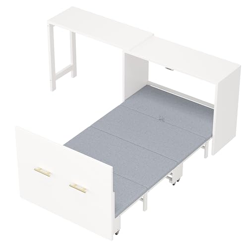 Twin Murphy Bed with Mattresses, Folding Cabinet Bed with Adjustable Position Desk
