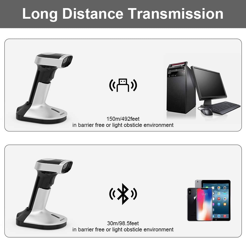 Barcode Scanner with Stand, REEXBON Wireless and Wired Handheld Barcode Reader QR 1D 2D Code Scanner with USB Charging Cable Pack of 2