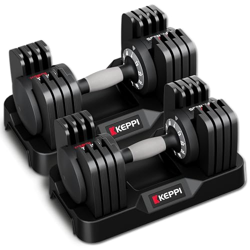 Keppi Adjustable Dumbbells Set-25lb/40lb/55lb/60lb, Anti-Slip Metal Fast Adjust Weight Handle, Exercise & Fitness for Full Body Workout