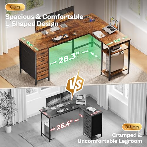 Huuger 63 Inch L Shaped Desk with Fabric Drawers, Reversible Computer Gaming Desk with Power Outlets and USB-C Port, Adjustable Side Storage Shelves