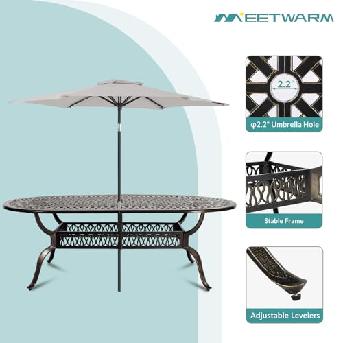 MEETWARM 9-Piece Outdoor Furniture Dining Set, All Weather Cast Aluminum Patio Garden Set with 8 Chairs,1 Oval Table, 2" Umbrella Hole, Dark Bronze