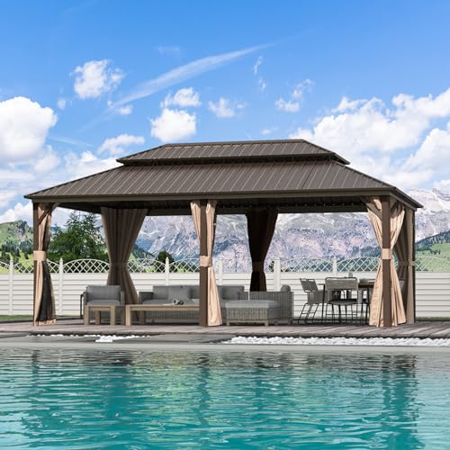 Domi 10’ x 10’ Hardtop Gazebo Metal Frame Canopy with Netting & Curtains