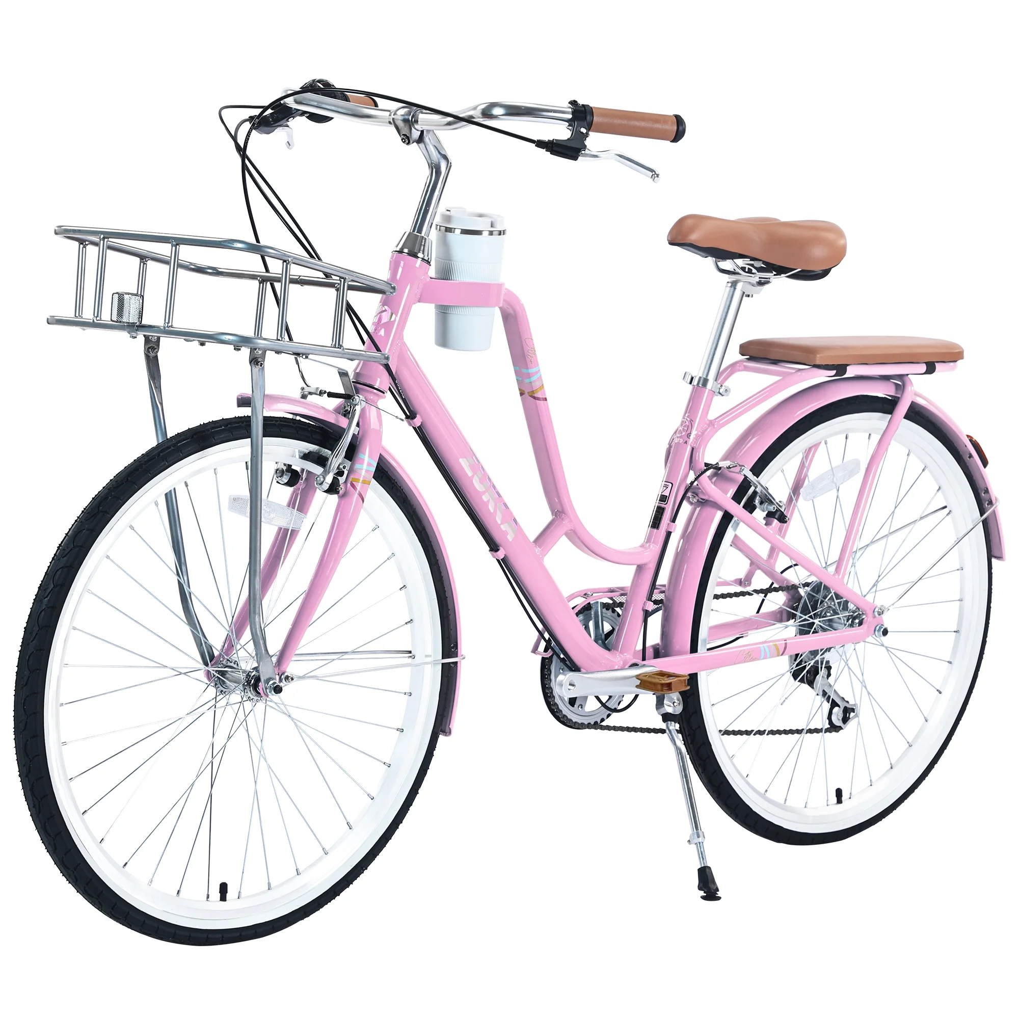 Zukka Cruiser Bike Coffee Bicycle 26 inch Women Ladies 7 Speed Bike for Shopping Pink - Radiant Selections
