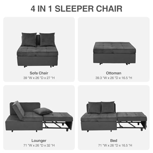 Sofa Bed 4-in-1 Convertible Pull Out Couch, Velvet Love seat Couch Sleeper Chair Bed with 2 Throw Pillow