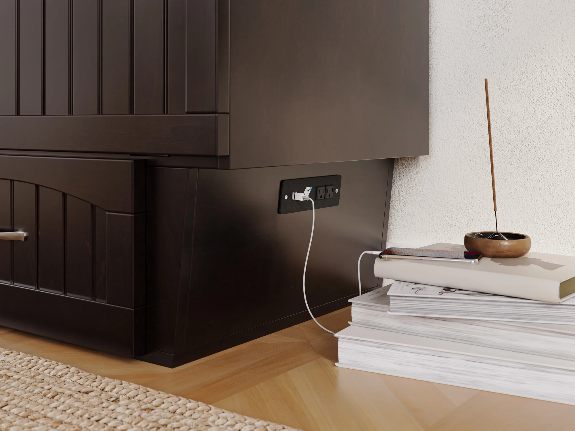 AFI Nantucket Queen Solid Wood Murphy Bed Chest with Mattress, Drawer & Charger in Espresso