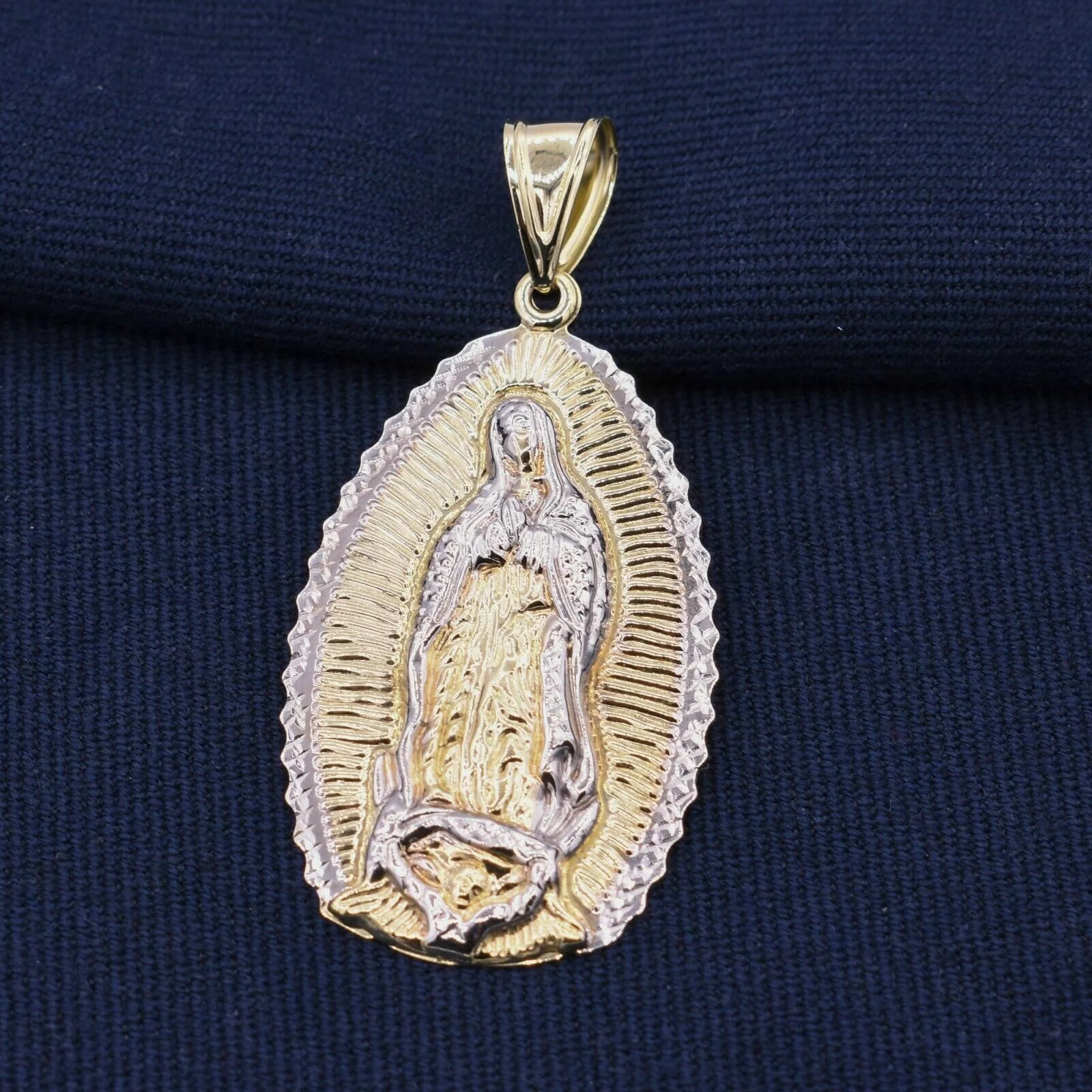 2 1/2" Lady Guadalupe Virgin Mary Medallion Pendant Unisex Adult Charm Real 10K Yellow White Gold 6.74 Gr, Bayam