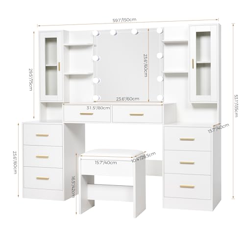 ANWBROAD 59.1" Large Vanity Desk Table with Mirror & Lights White Makeup Vanity with Power Outlet and 8 Drawers 3 Lighting Modes Adjustable Vanity